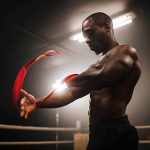 a muscular male boxer in a ring twists a red ribbon, preparing for training